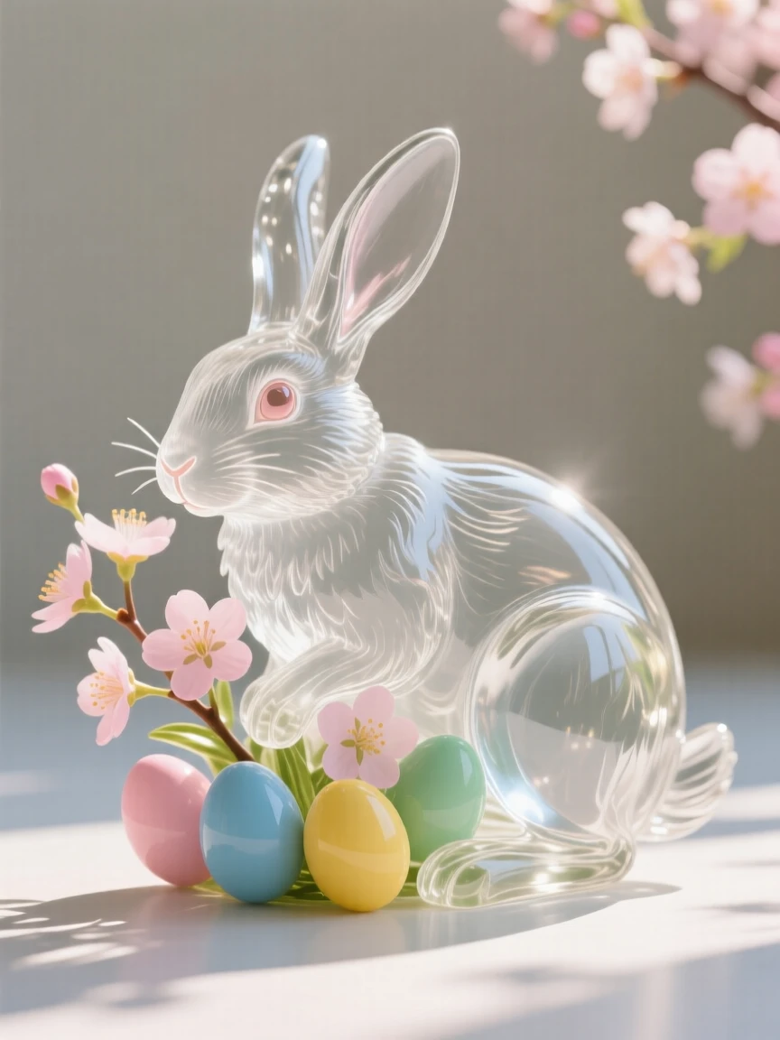 A rabbit hiding painted eggs among spring blossoms while children's laughter rings out across the yard