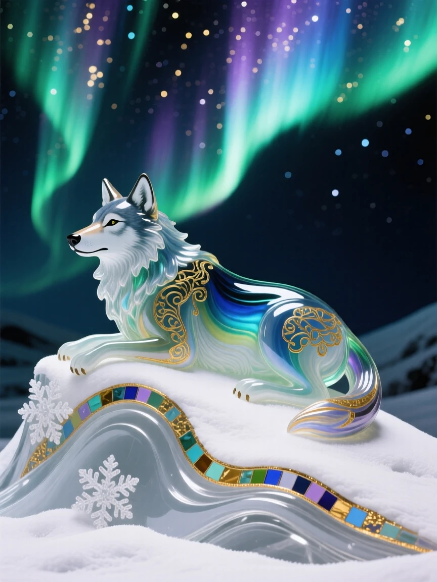 A lone wolf resting atop a snowy ridge beneath the shimmering aurora, majestic and serene.