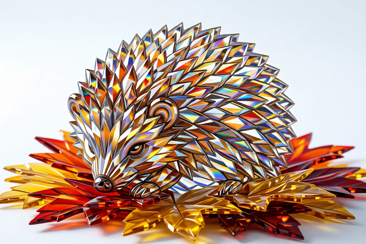 A round, sleepy hedgehog curled into a perfect ball on a bed of autumn leaves.