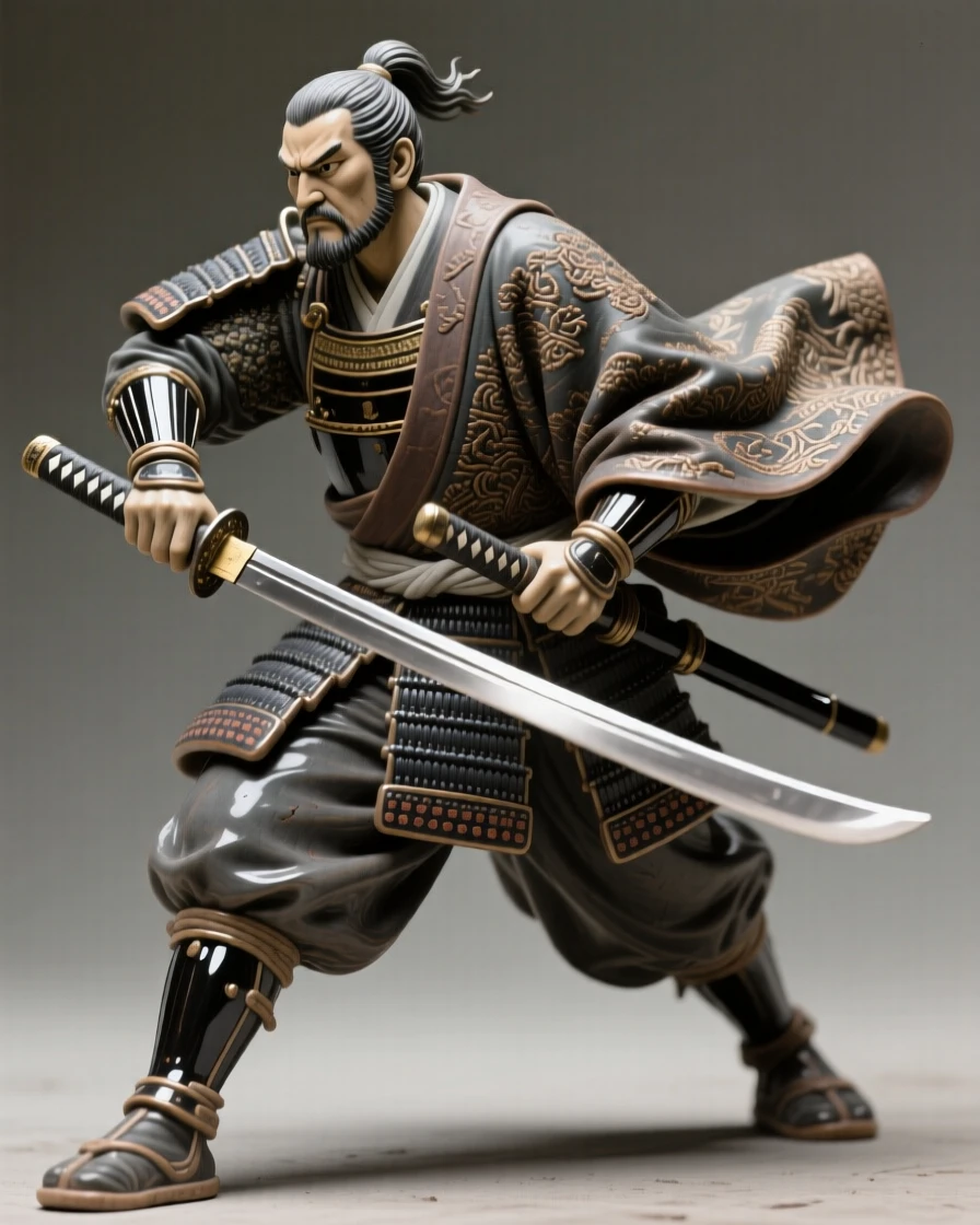 A samurai warrior drawing his blade striding forward with purposeful authority, draped in richly embroidered ceremonial cloth, capturing the weight of history in a single gaze.