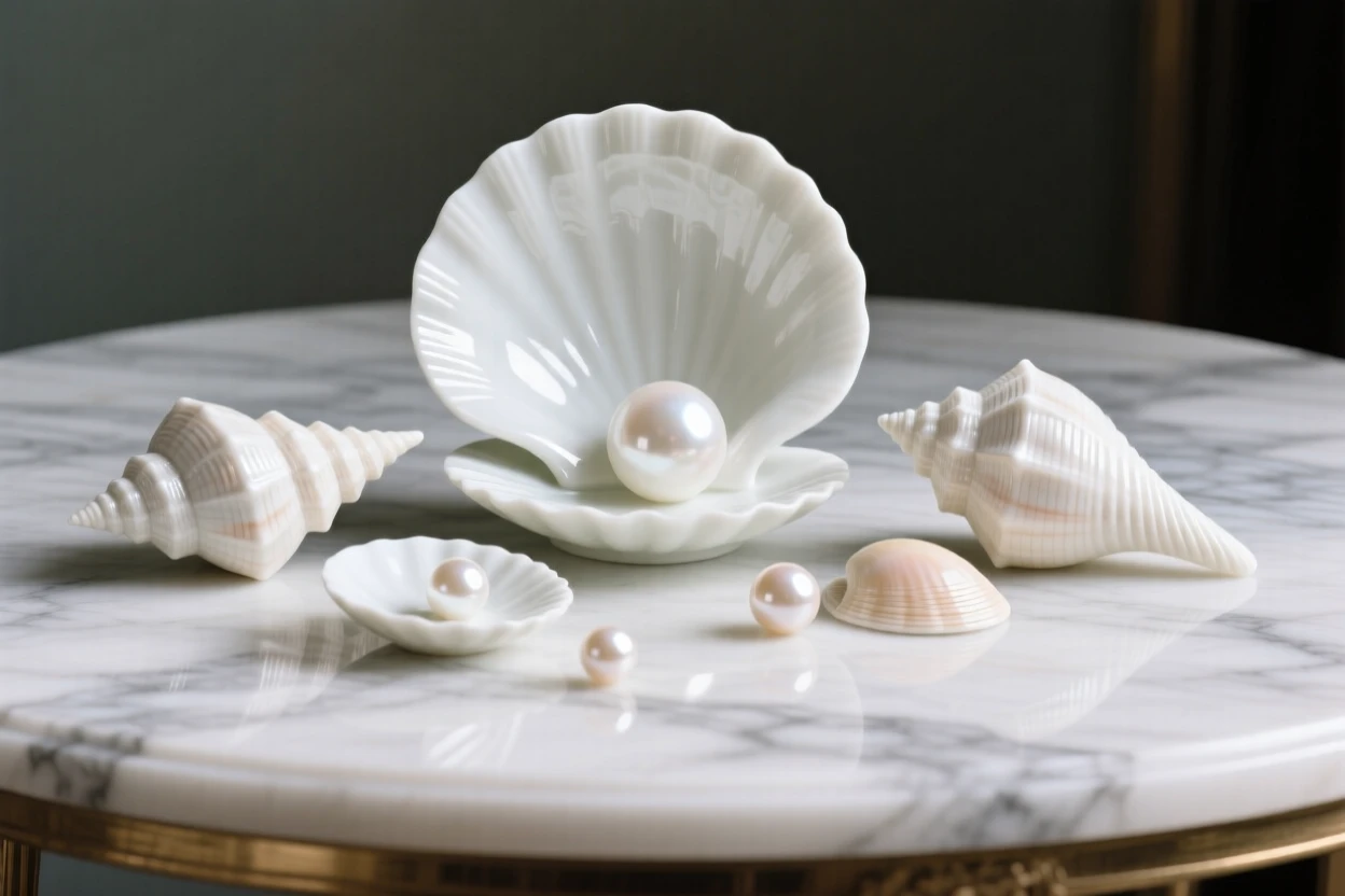 A refined still-life arrangement of seashells and pearls on a marble tabletop, composed with classical balance and harmony.