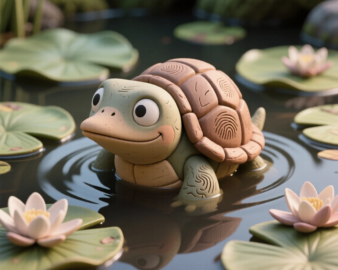 A kappa creature peeking from a lily-covered Japanese pond