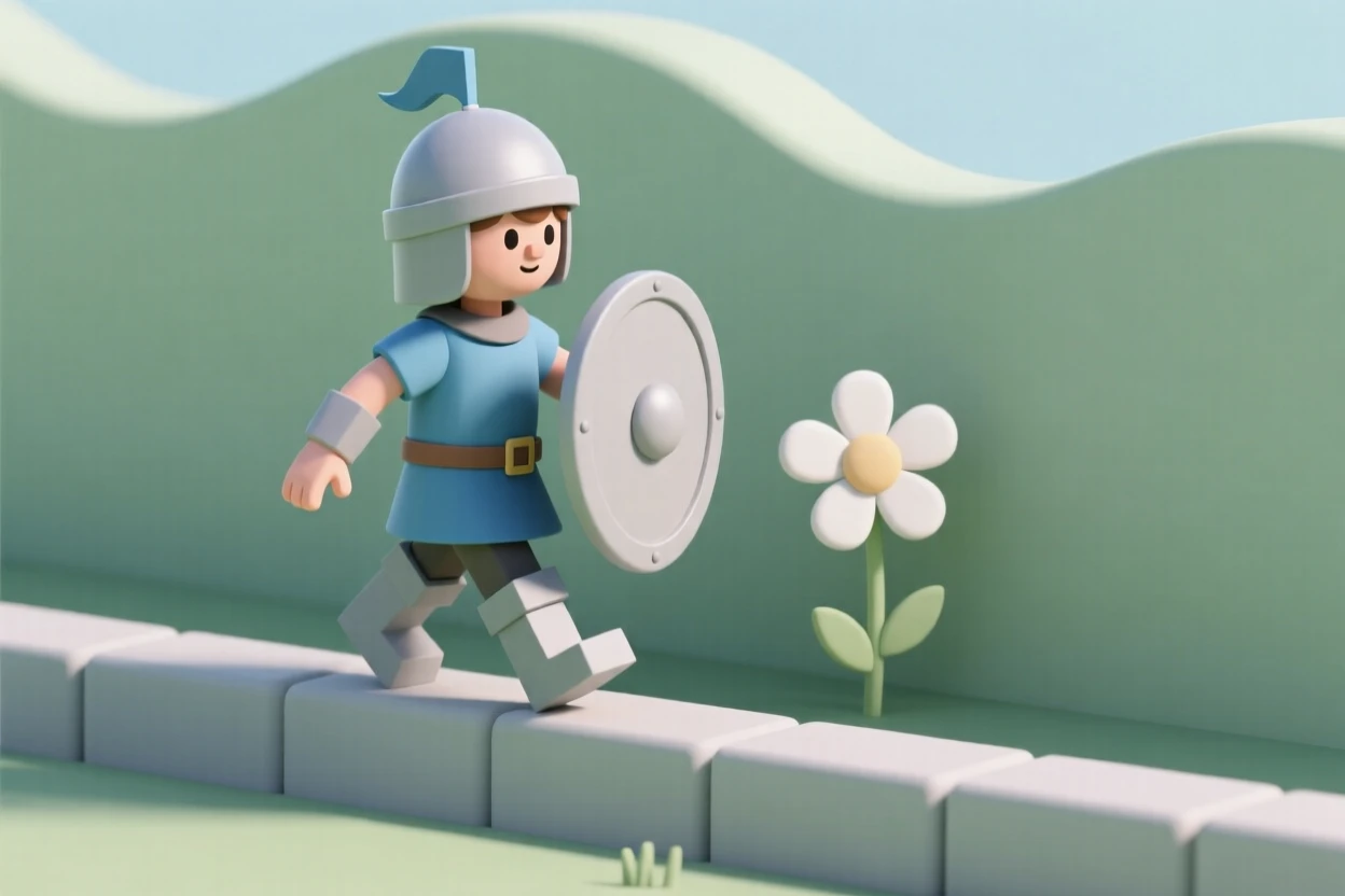 A brave young knight-in-training practices balancing a shield while walking along a low garden wall.