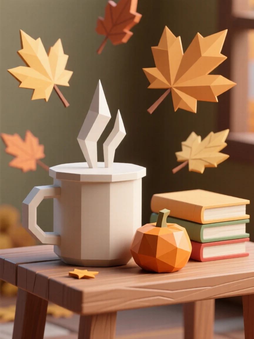 A cozy autumn scene with a steaming mug and falling leaves, as autumn leaves drift through the air. small charming details enrich the festive setting. There is a joyful, festive energy in the air.