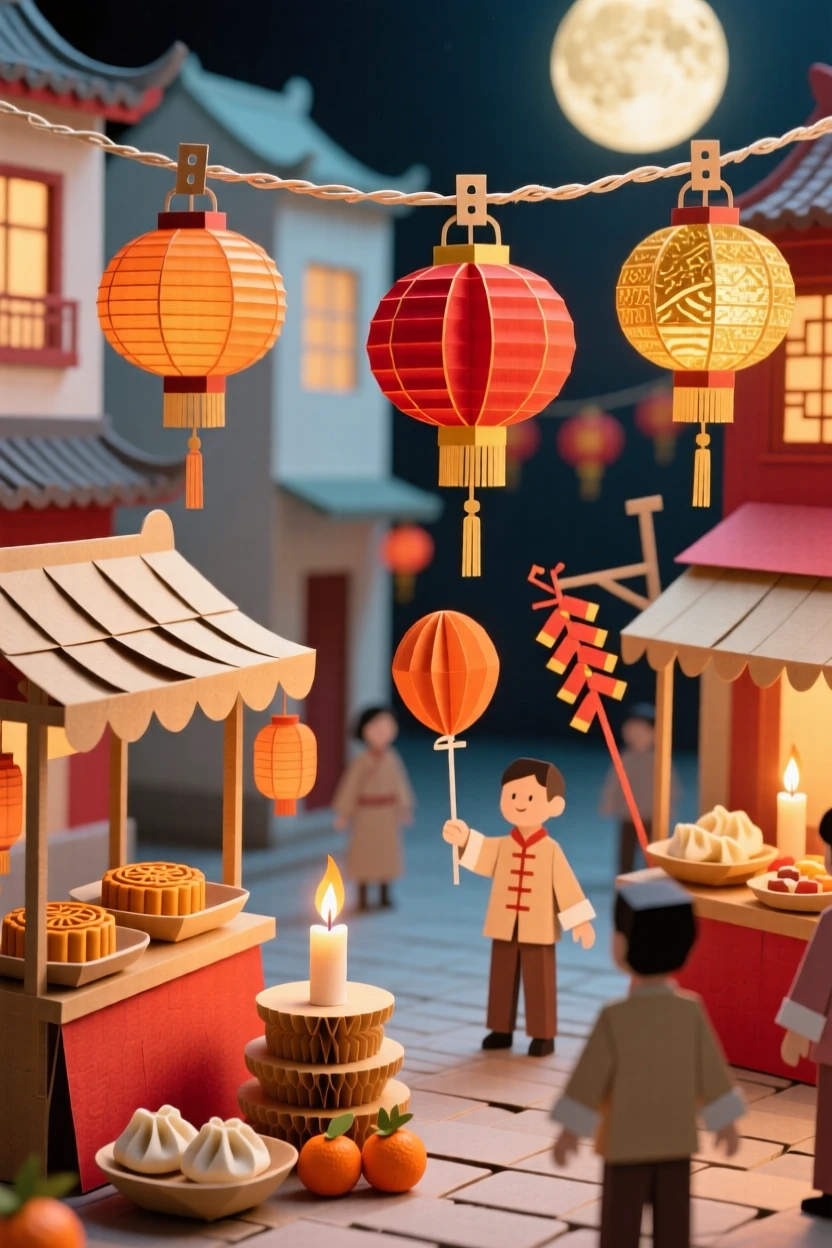 A vibrant Lunar New Year street celebration illuminated by lanterns and candlelight, with the scent of seasonal treats filling the air, evoking nostalgic seasonal magic.