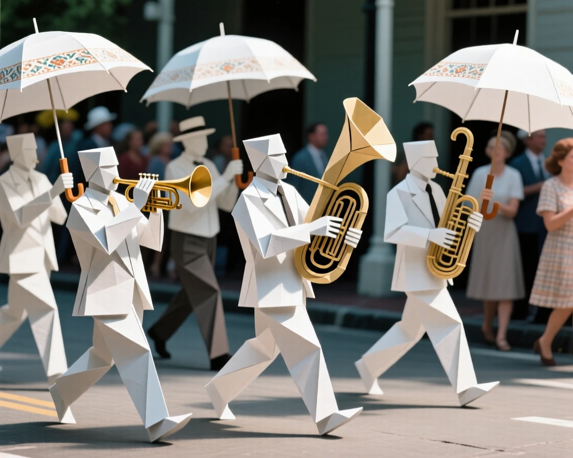 A New Orleans jazz funeral second line parade scene with musicians and umbrellas.