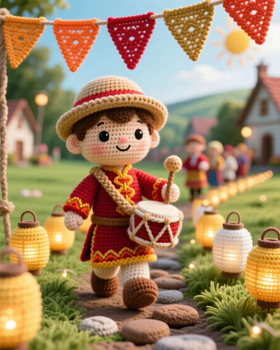 A festive cultural scene of a small boy carrying a ceremonial drum for a harvest festival, marching proudly at the front of a parade within a sunlit village green decorated with banners; a row of glowing lanterns lining the path nearby, full of warm cultural pride and festive belonging.