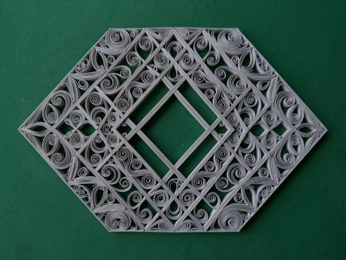 a lattice of interlocking geometric diamonds, set against a deep emerald background, arranged in concentric layered rings, in soft monochrome tones of dove grey.