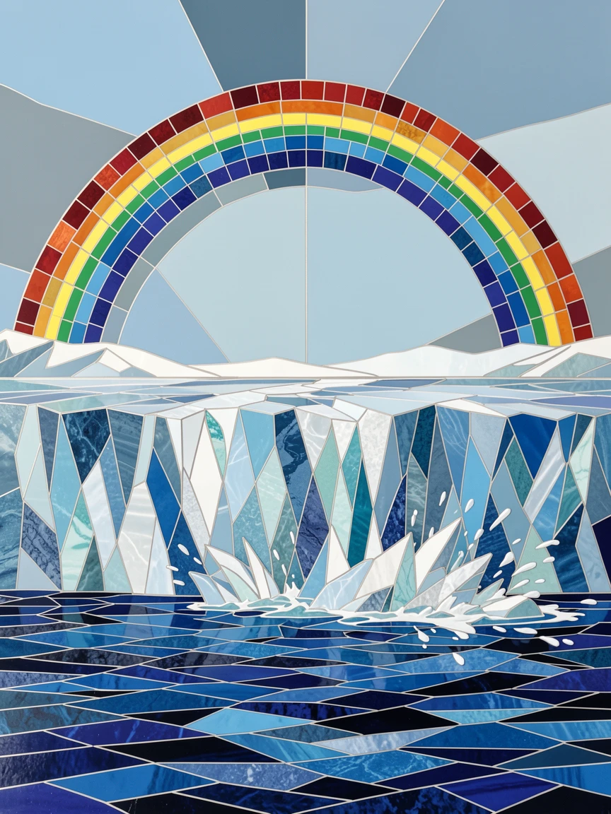A glacier calving into deep blue arctic waters, illuminated by a dramatic double rainbow after rain.
