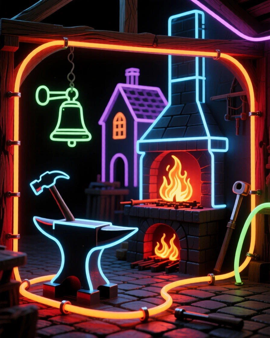 A detailed vignette of a blacksmith's forge glowing in the heart of a medieval village.