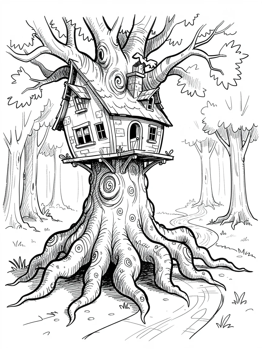A cottage built into the trunk of a giant tree beside a winding forest path.