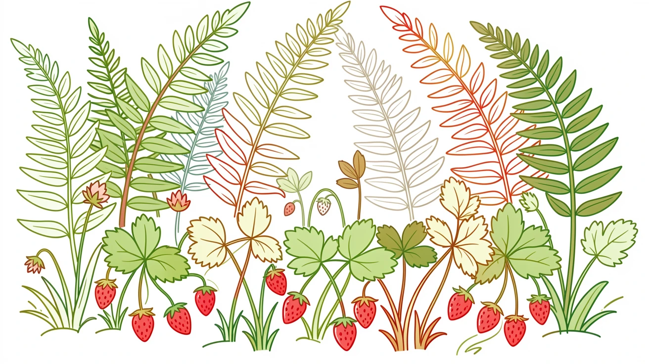 A field of wild strawberries growing beneath a canopy of forest ferns.