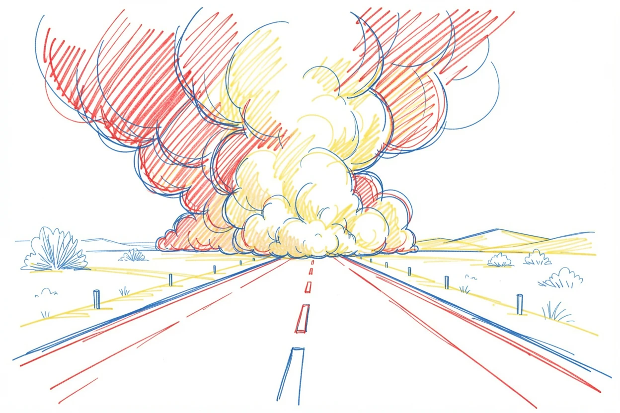 A dramatic desert dust storm rolling across an open highway