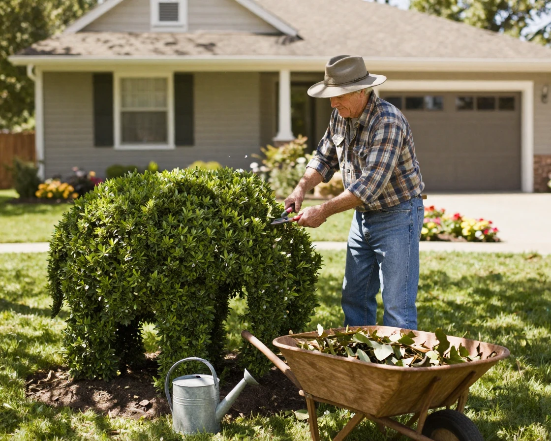 A senior gardener trims a hedge into the shape of an elephant in his front yard.