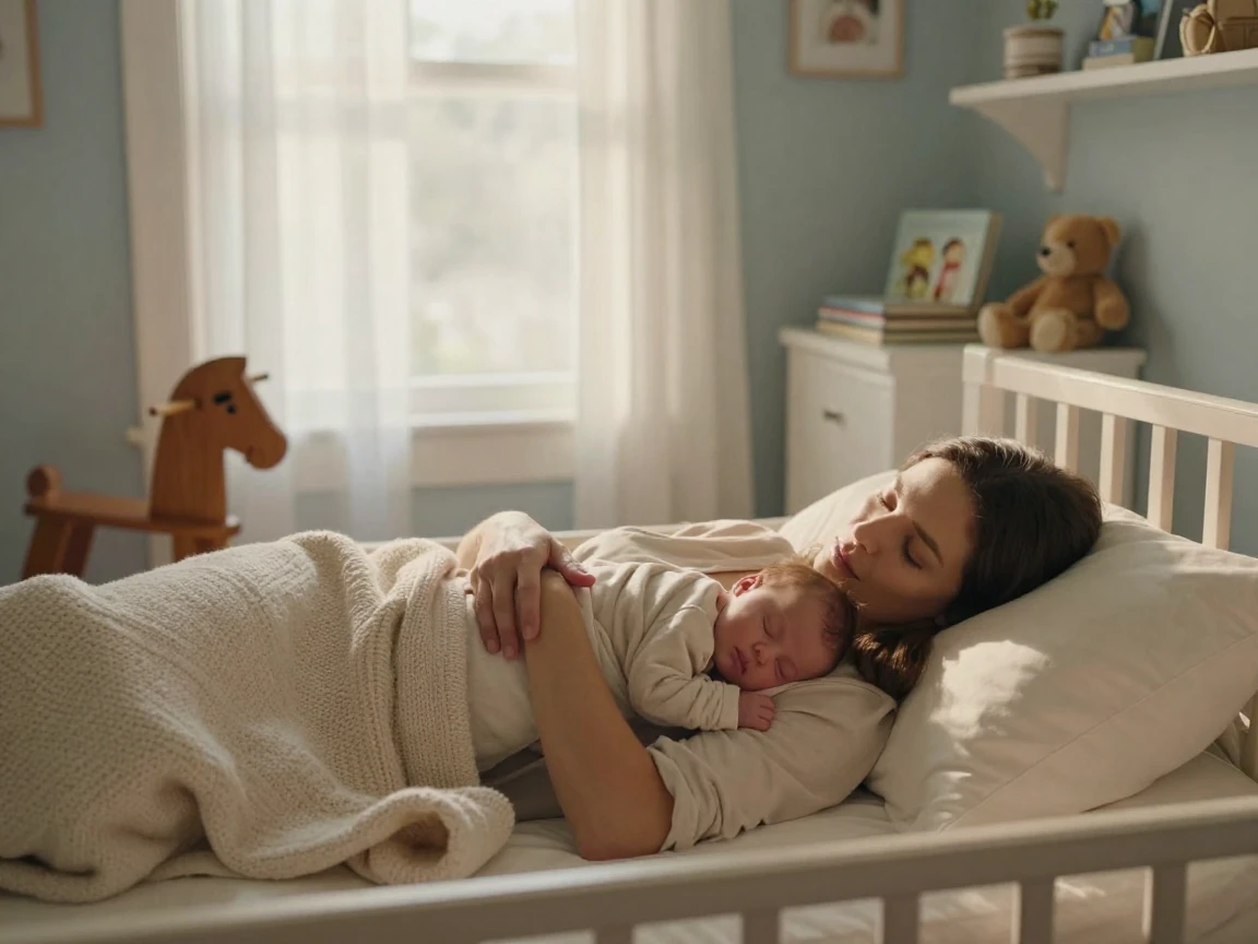A mother and newborn sleeping together in a soft nursery bathed in warm morning light