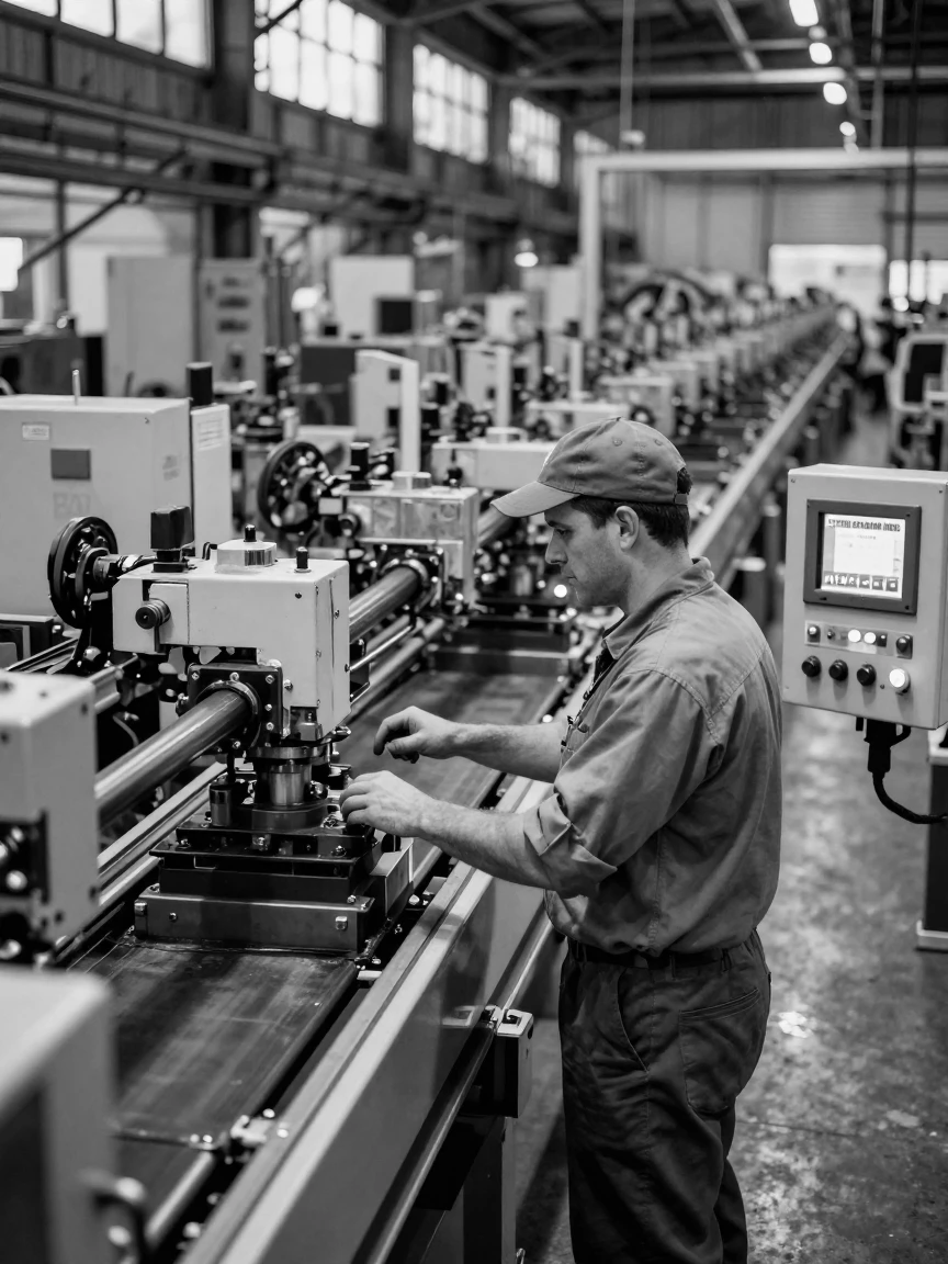 A factory worker monitors an assembly line of machines beside rows of automated machinery.