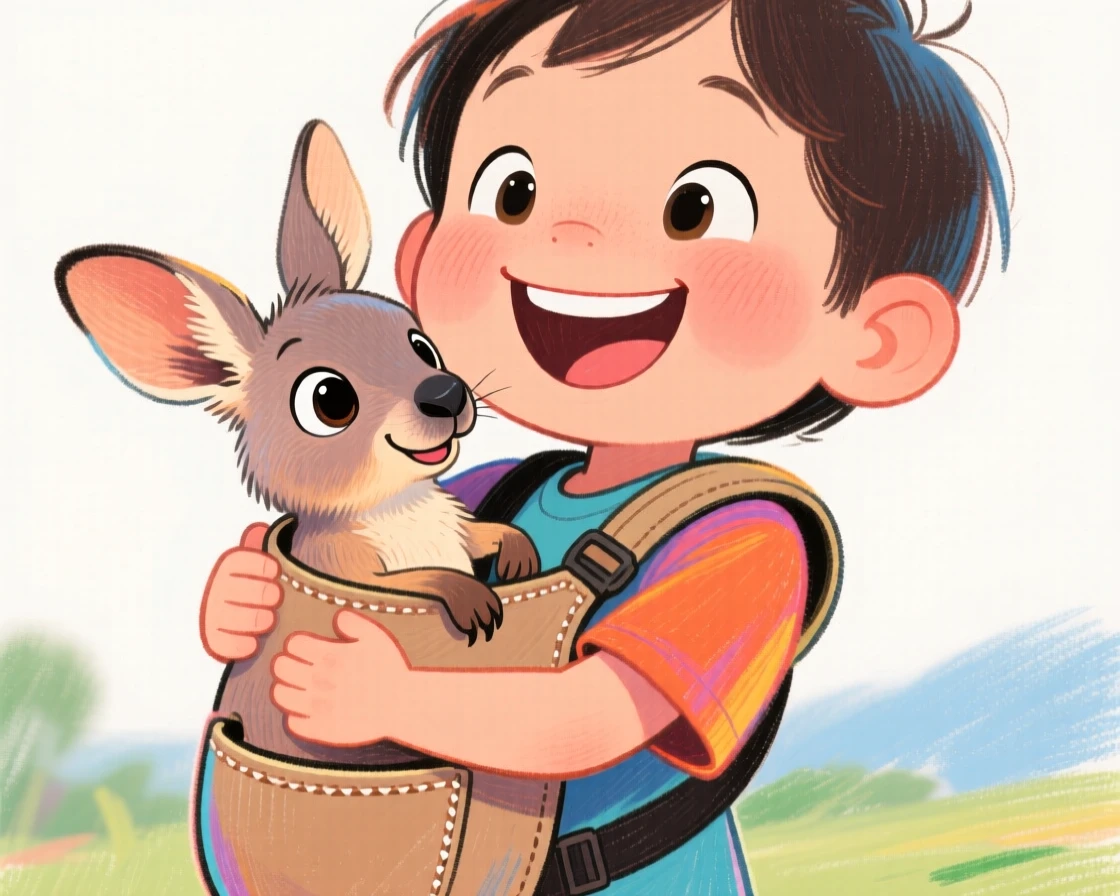 A child hugging a baby kangaroo joey peeking from its keeper's pouch-style carrier.