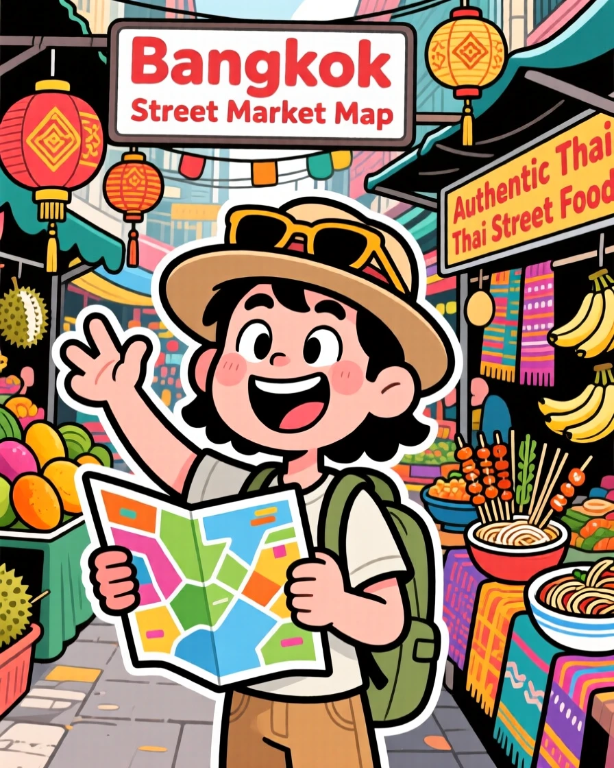 An iconic travel scene featuring a delighted tourist exploring a vibrant street market in Bangkok, with a map slightly askew in hand.