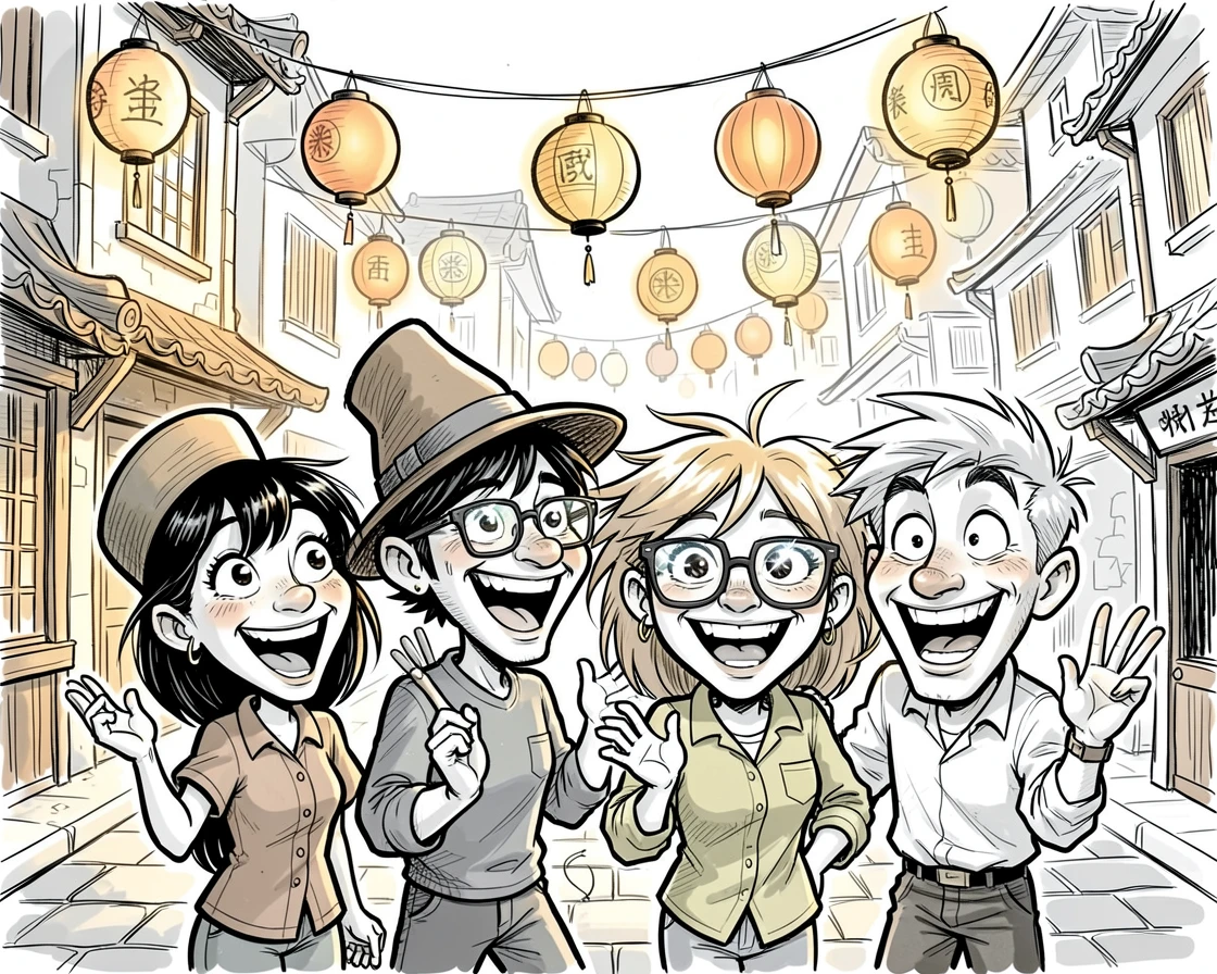 [Travel & Cultural Experiences] Vivid travel scene of a delighted group of friends wandering through a lantern-lit old town, full of wonder and adventure