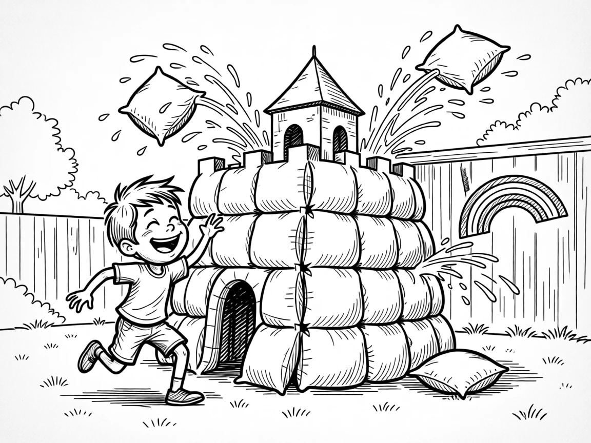 A child building an epic pillow fort fortress, sending water splashing dramatically in every direction, set in a backyard at dusk. A crayon rainbow is taped crookedly to the wall. It's a burst of pure, unfiltered childhood joy.