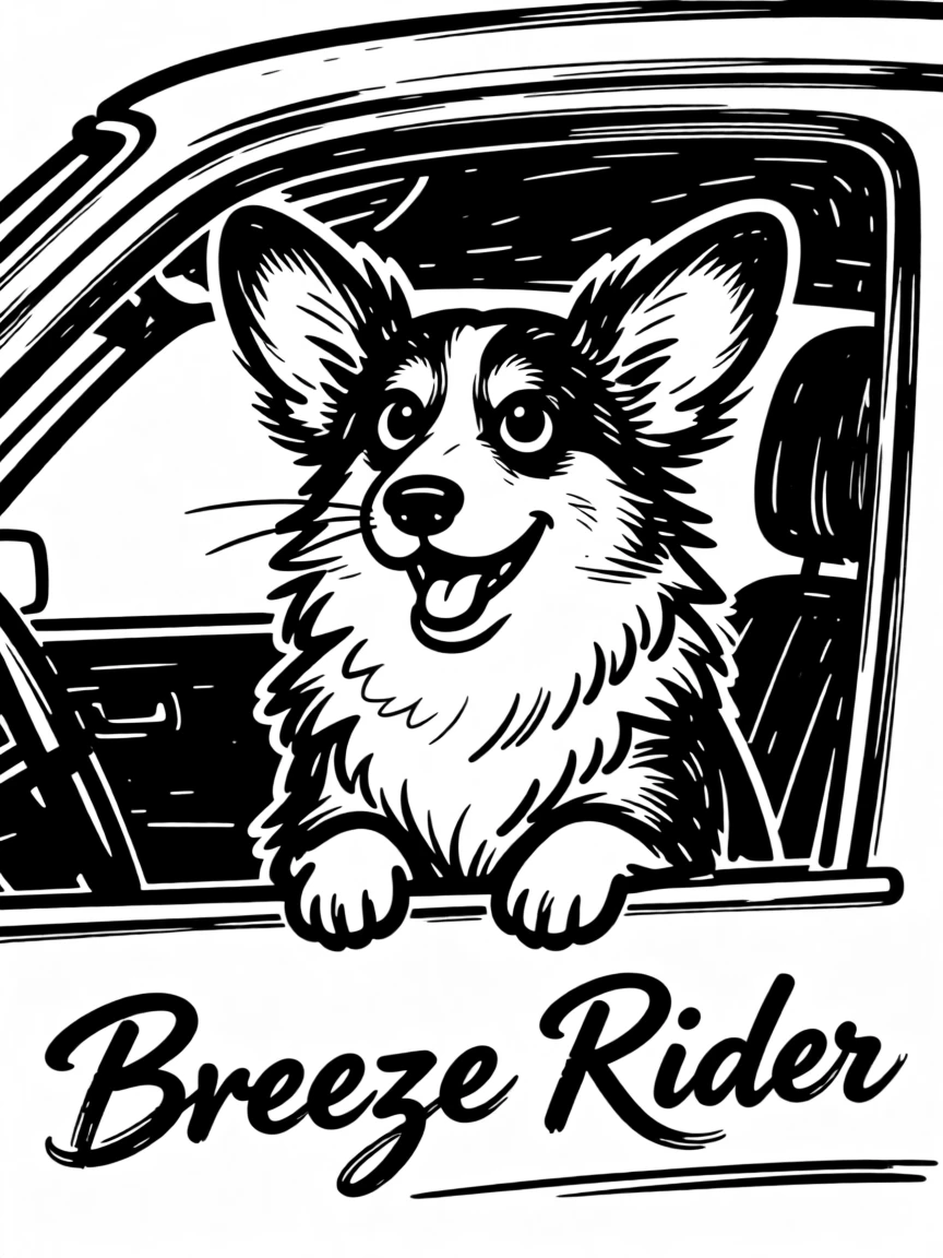 A fluffy corgi sitting attentively in a car window, ears flapping in the breeze.