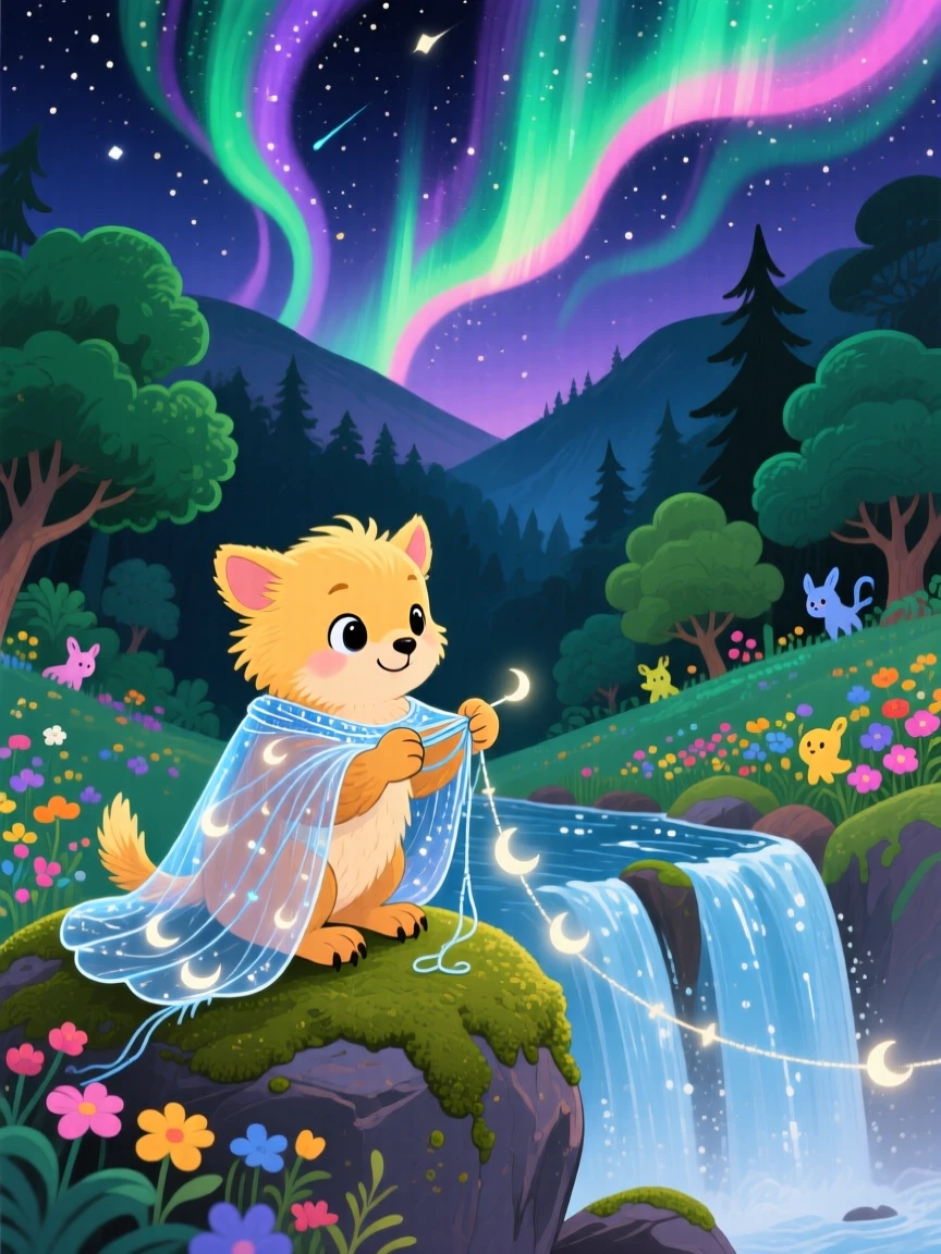 A griffin cub pauses from weaving a cloak out of moonbeams to marvel at a hidden valley behind a waterfall, as the northern lights ripple overhead.