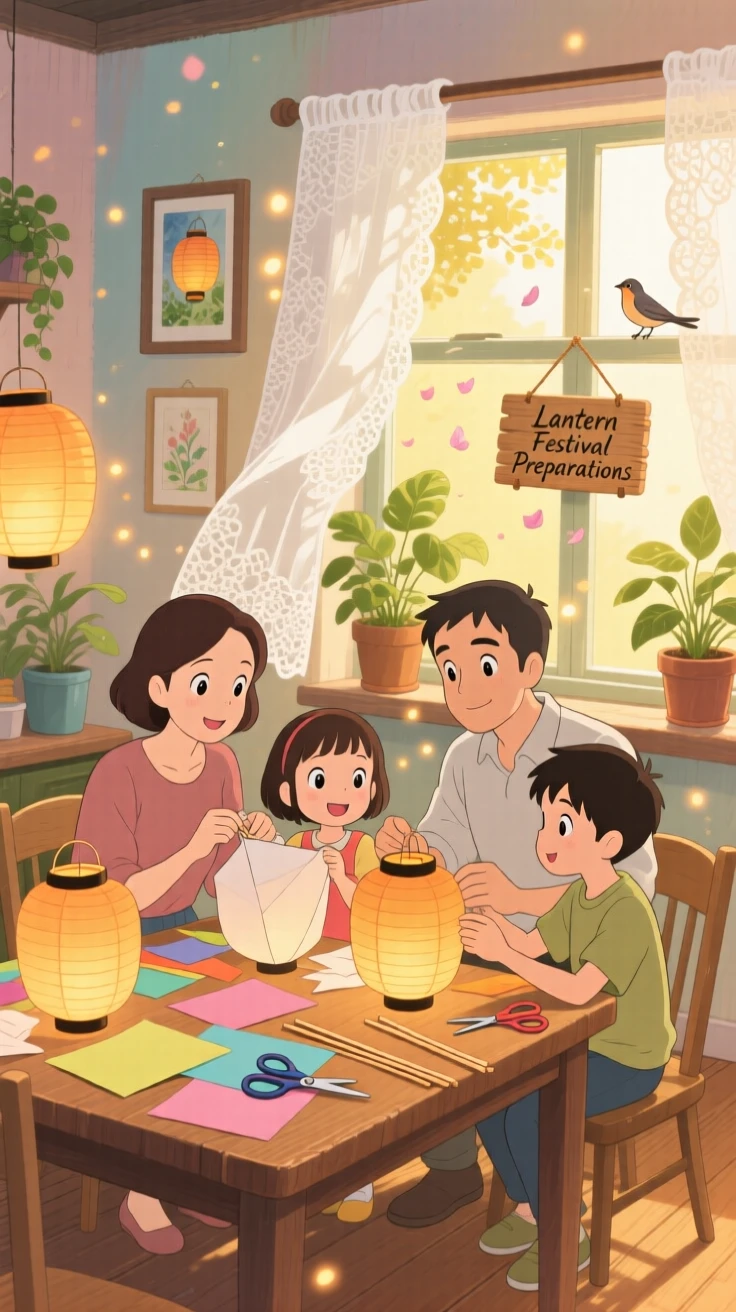 A family gathered around a table making paper lanterns, sunlight streaming through lace curtains, the whole scene feeling peaceful and unhurried.