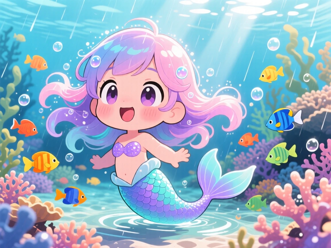 In a vibrant coral reef, a mermaid child is playing tag with a school of colorful fish during a gentle spring rain shower, bathed in bright midday sun, expression full of gentle surprise. Shot as a close-up portrait.