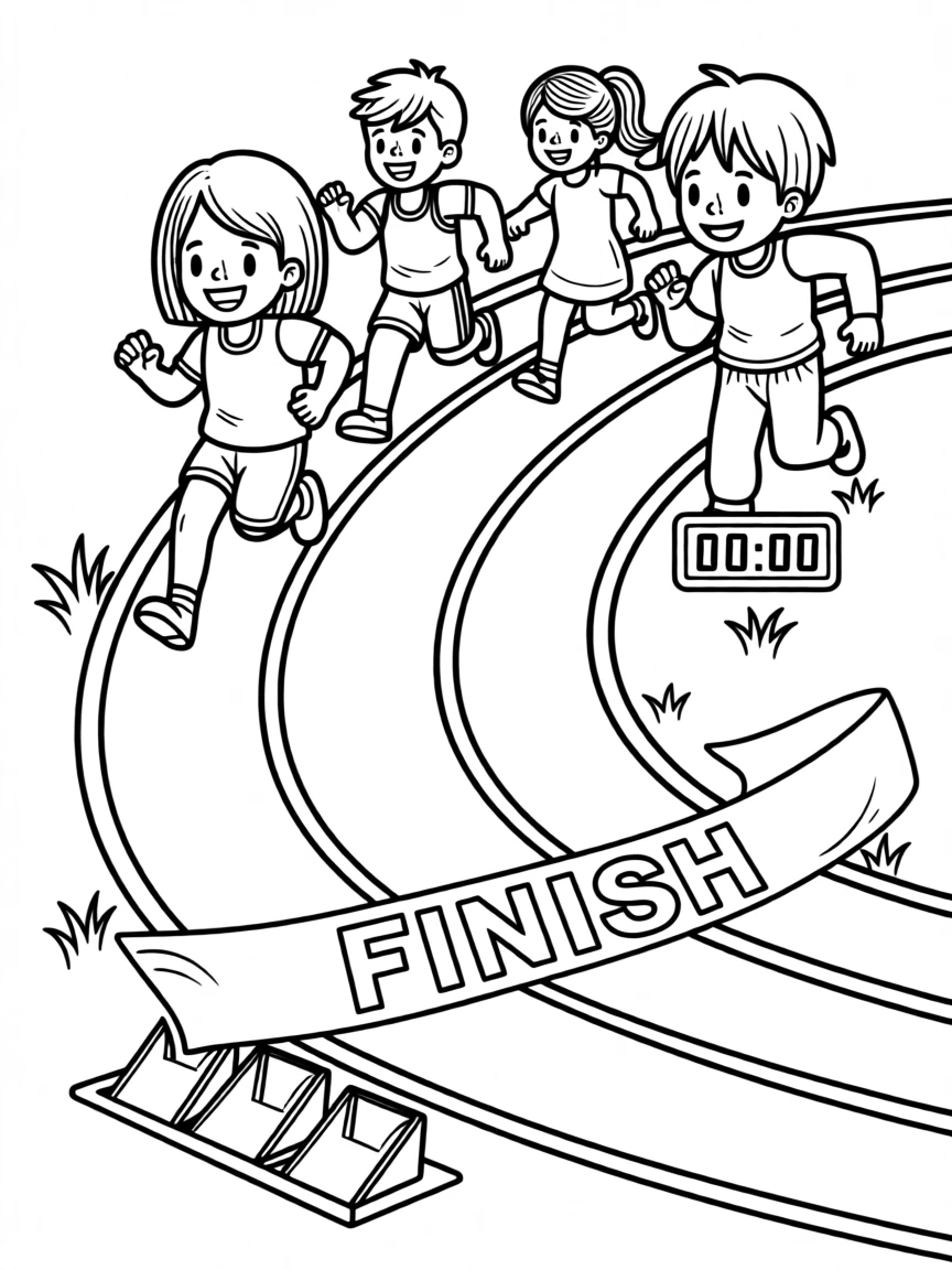 A group of children racing on a track with a finish line
