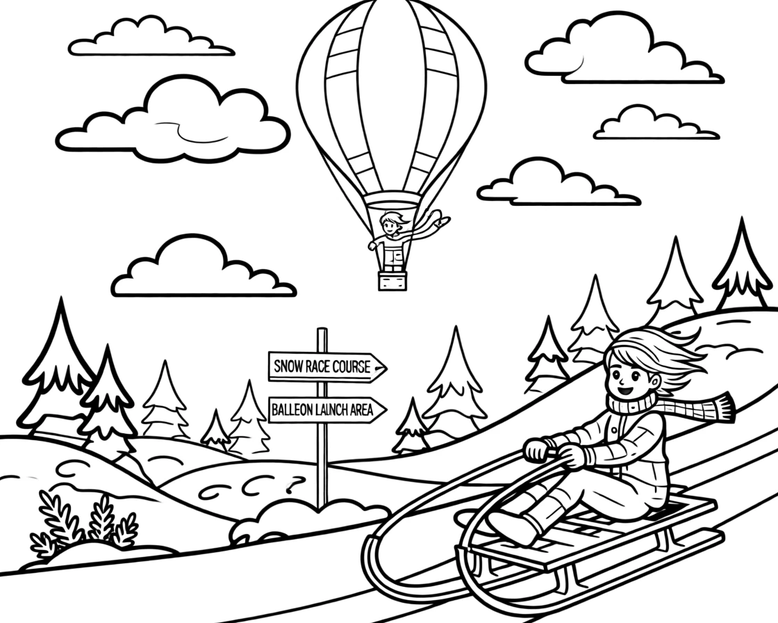 A sled racing down a snowy hill, a hot air balloon drifting through a sky painted with clouds.
