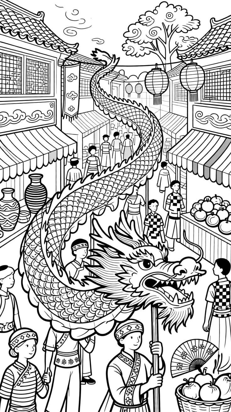 A traditional dragon dance winding through a festival crowd.