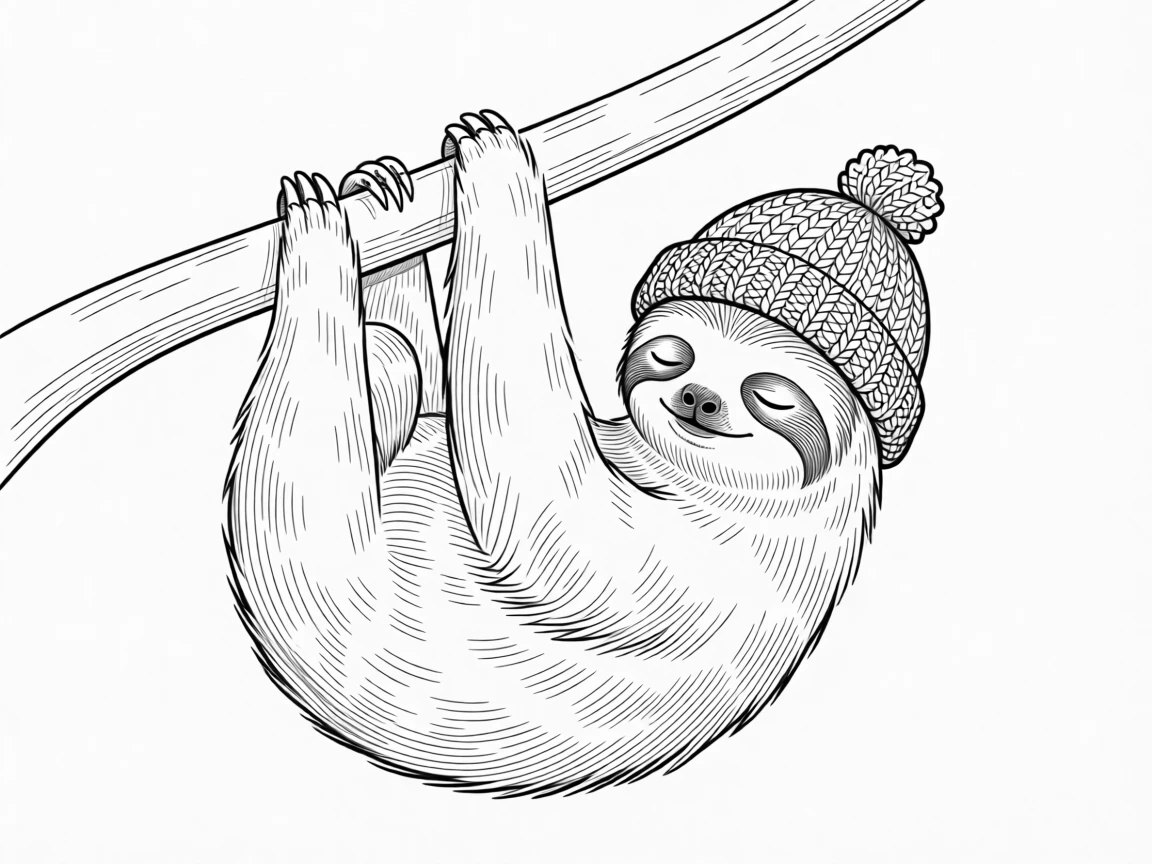 A sleepy sloth wearing a tiny knitted hat