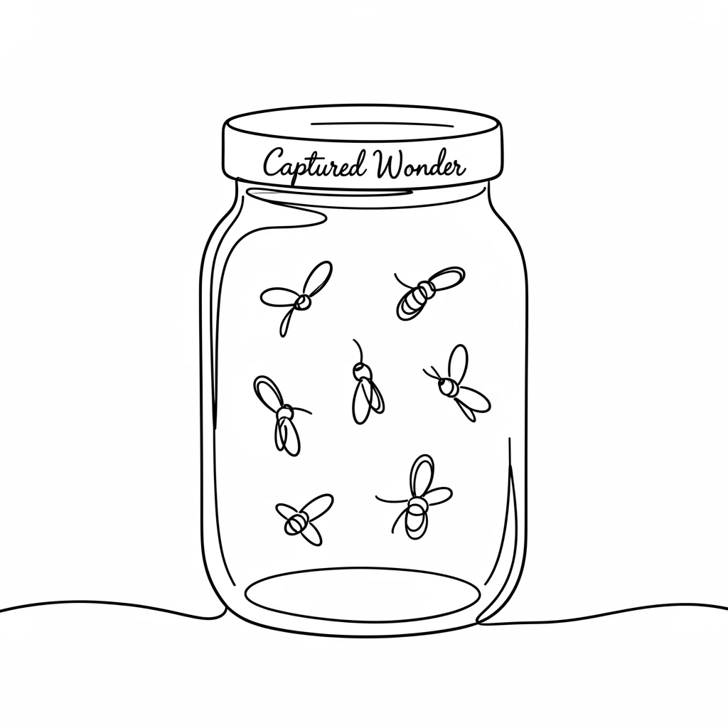 A single glass jar filled with fireflies, representing captured wonder