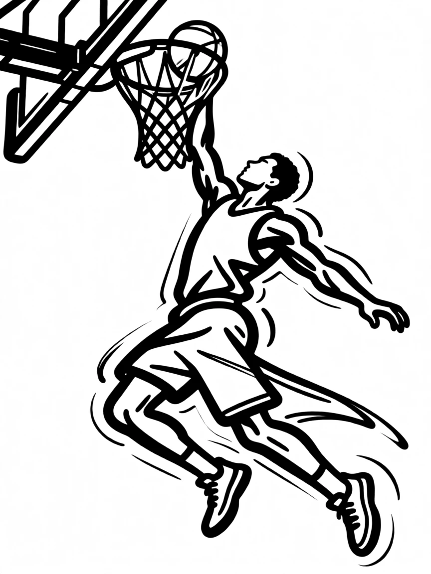 A basketball player mid-air for a dramatic slam dunk.
