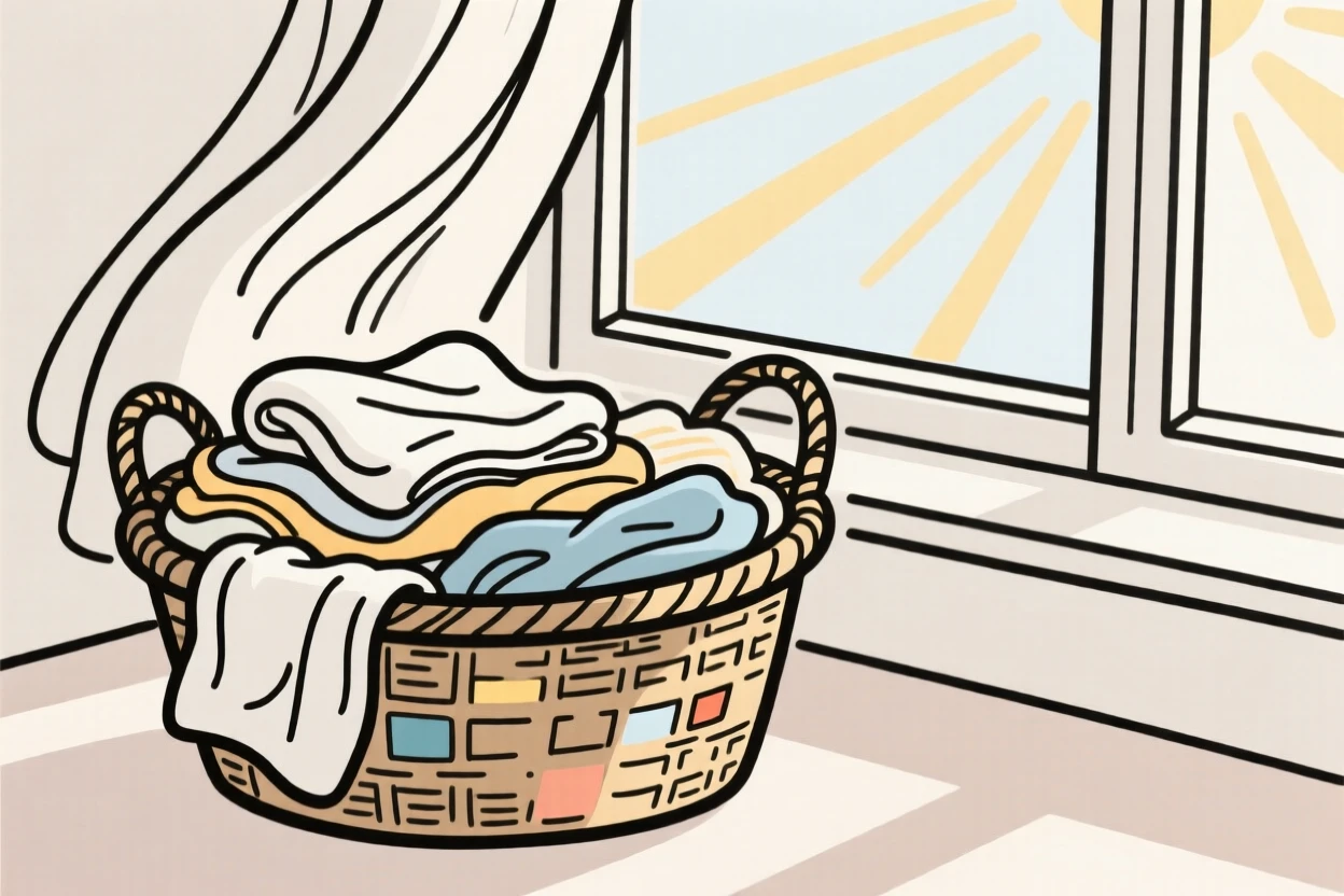 A basket of freshly folded laundry beside a sunny window.