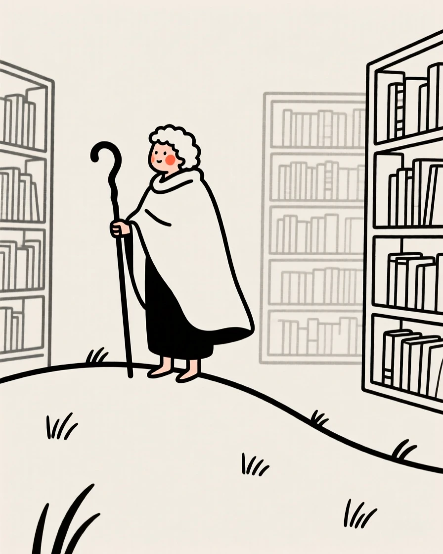 A shepherd on a hillside, radiating quiet confidence, in a quiet library.