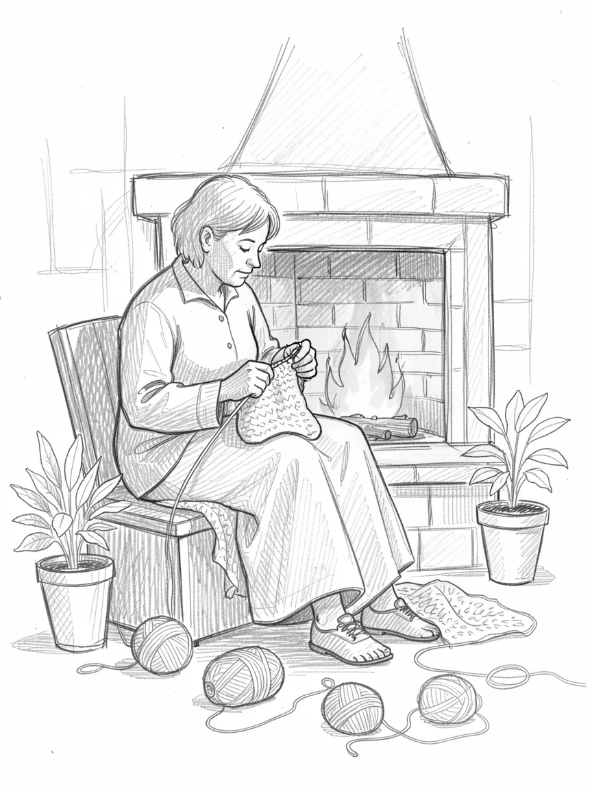 A knitter working by a warm fireplace, in a peaceful garden studio, with motion frozen in a dramatic instant.