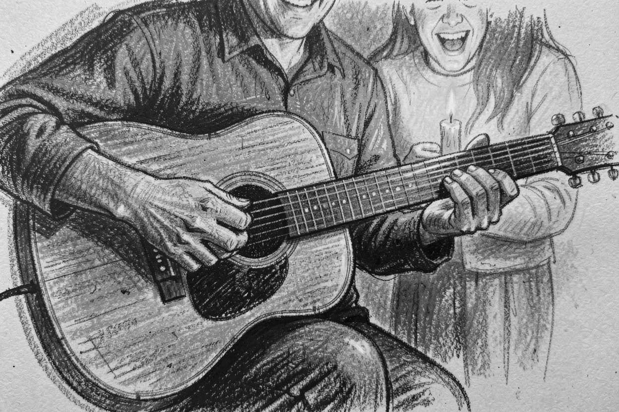 A musician's hands playing an acoustic guitar by candlelight, as laughter fills the air around them.