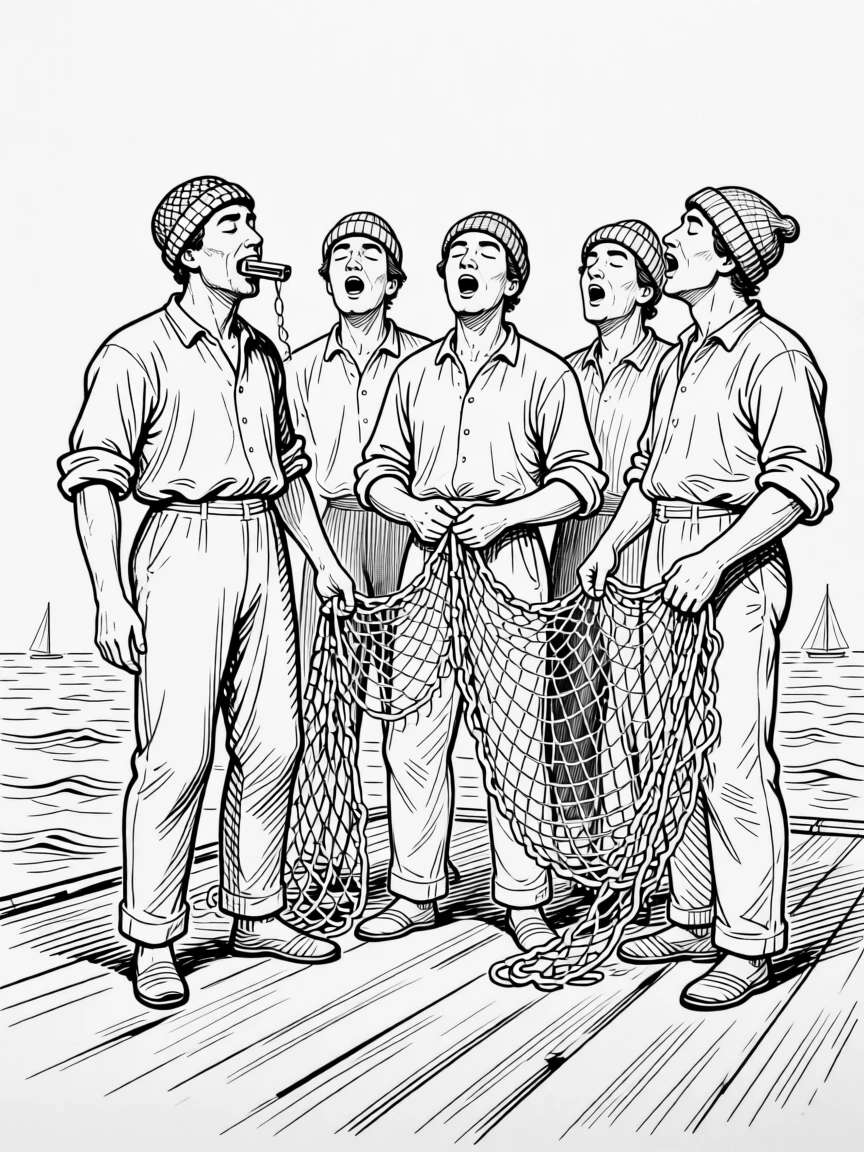 A group of fishermen singing traditional sea shanties while mending their nets.