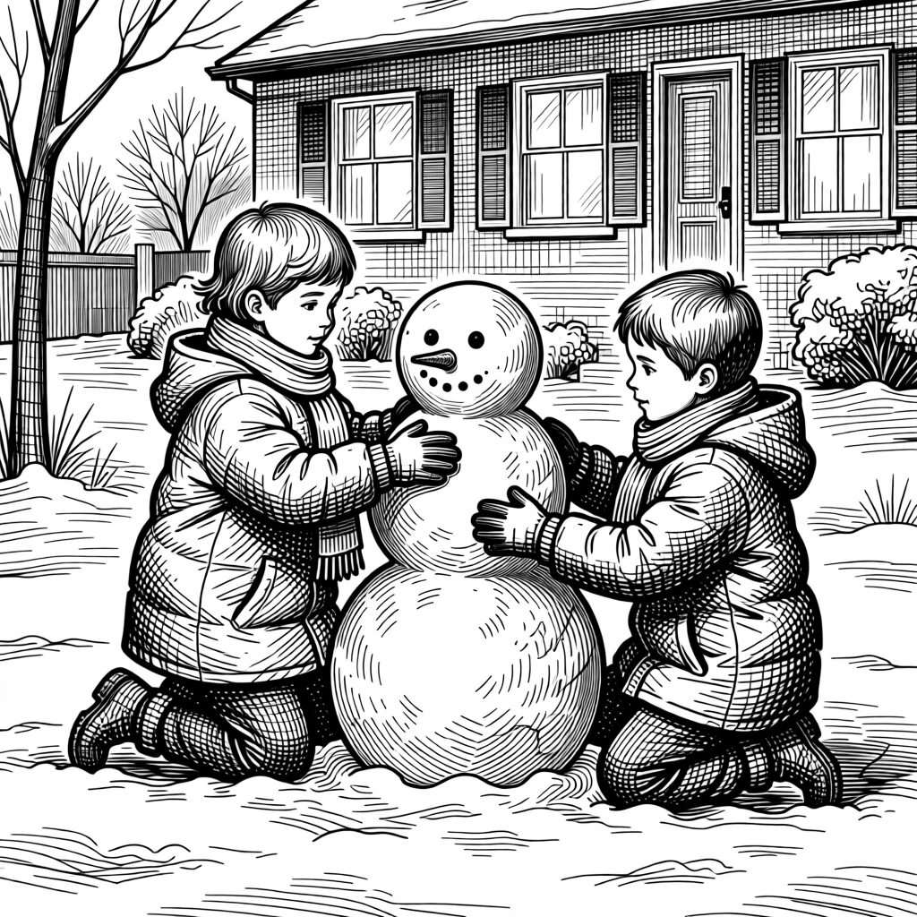 Children building a snowman in a quiet yard as morning frost coats the ground, with warm light spilling from every window, capturing a peacefully magical seasonal moment.