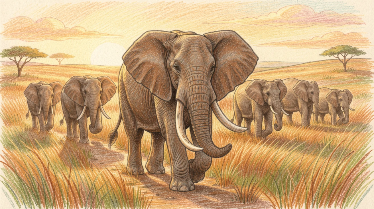 A wise elephant matriarch leading her herd across the savanna, bathed in the warm glow of golden-hour light, evoking nostalgia and a deep sense of contentment.