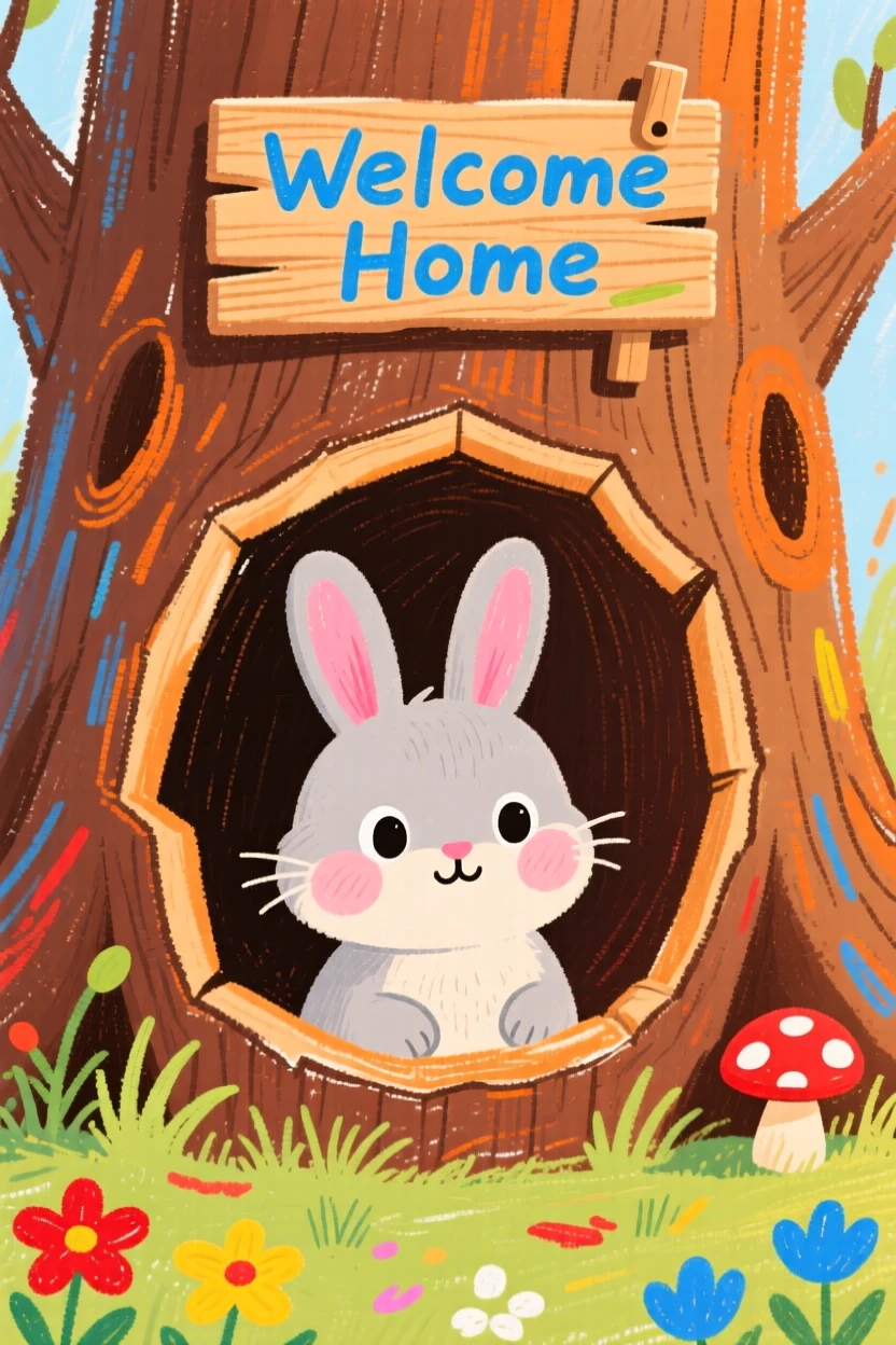 A shy rabbit living inside a cozy hollow tree stump.