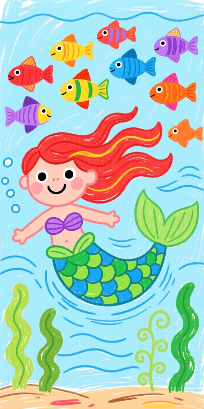 A mermaid swimming alongside a school of colorful fish.