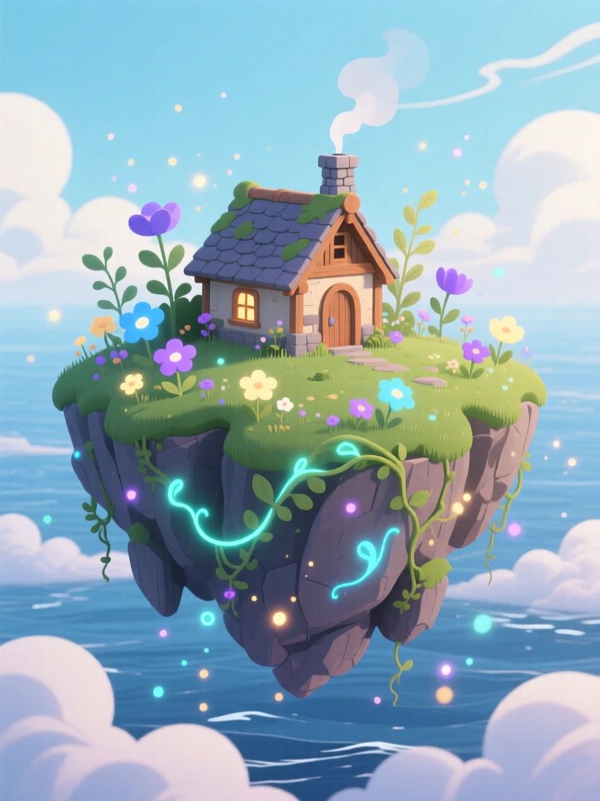 A floating island suspended above the clouds with a small cottage, surrounded by glowing flowers and luminescent plants, framed to capture both grandeur and delicate magical detail, with subtle magical particles drifting through the air.