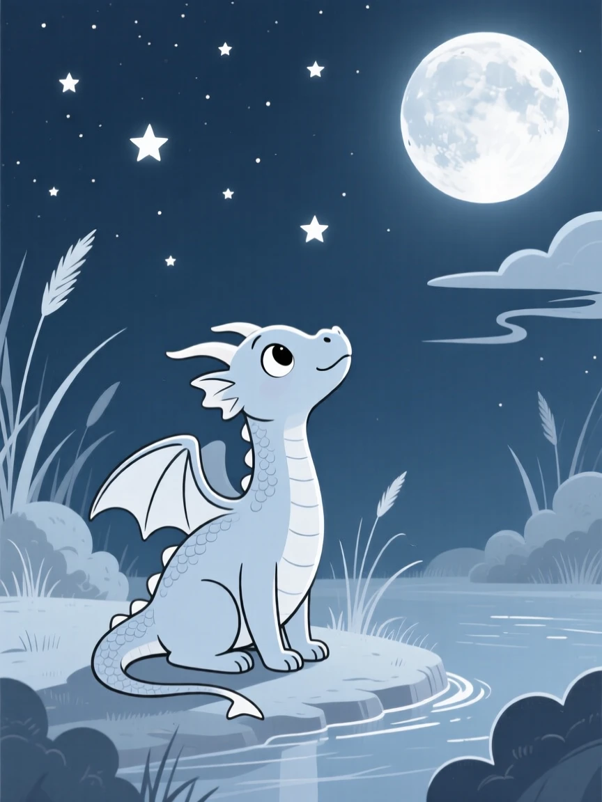 A young dragon watching the stars near a moonlit clearing.