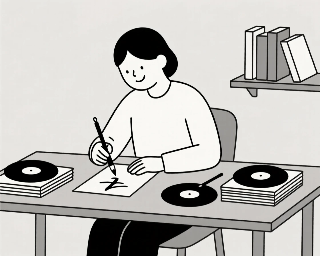 A person practicing calligraphy in a small home library, surrounded by stacks of vinyl records, showing quiet satisfaction.