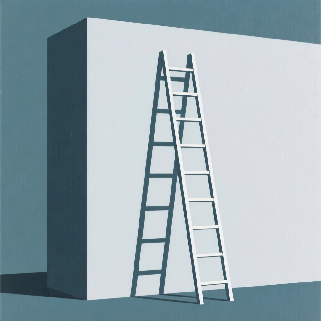 A ladder leaning against a tall wall reaching upward