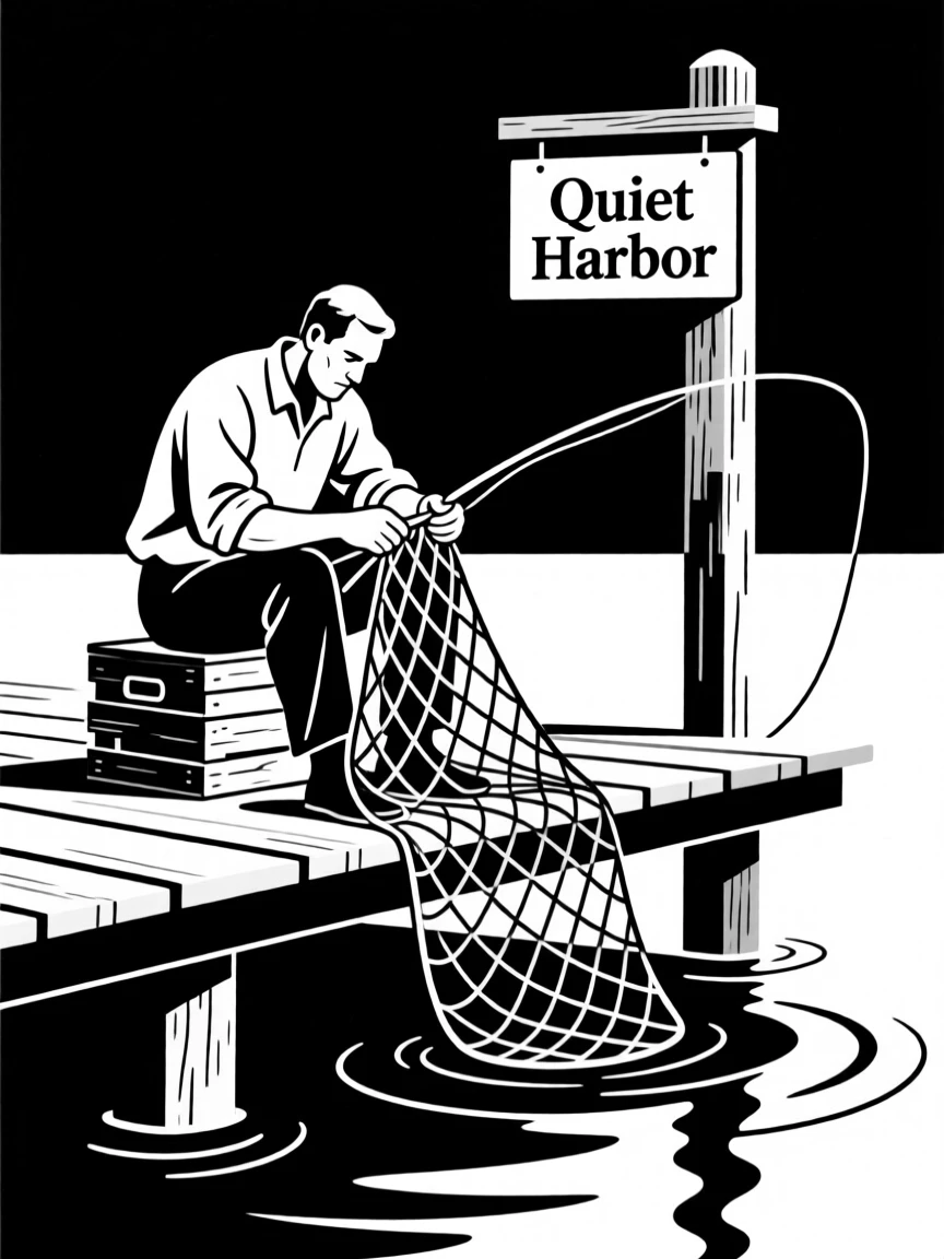 A fisherman mending nets on a quiet dock.