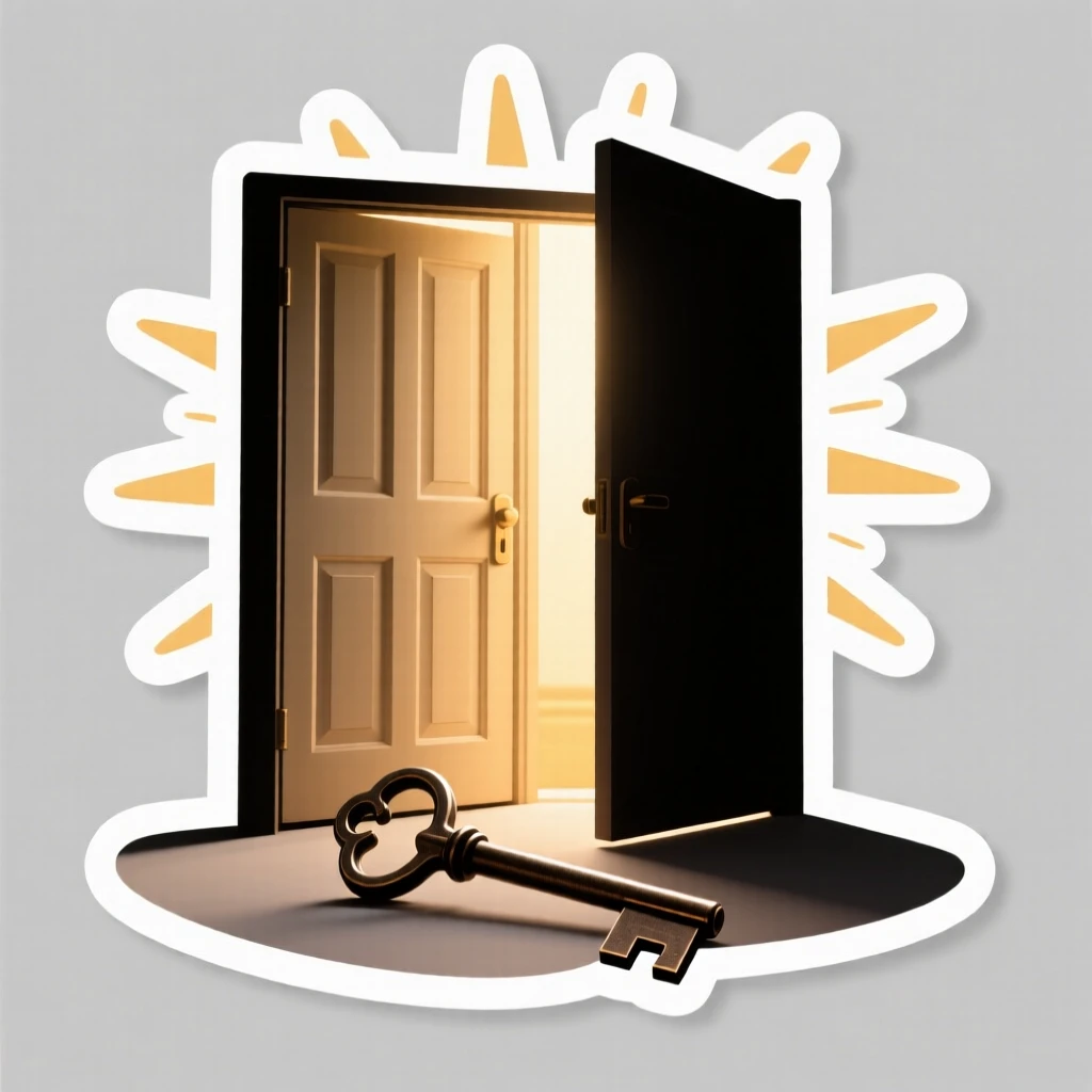A tenderly hopeful scene of a key resting beside a softly glowing open door, framed by soft rays of morning sun, symbolizing quiet strength and resilience.