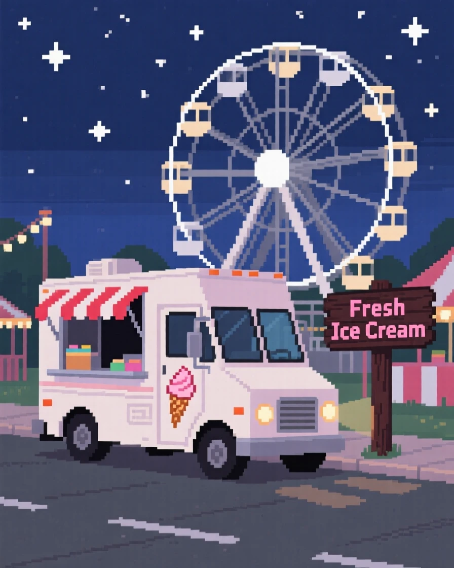 An ice cream truck parked on a quiet street set against a sky full of stars, at a small-town fair with a ferris wheel.